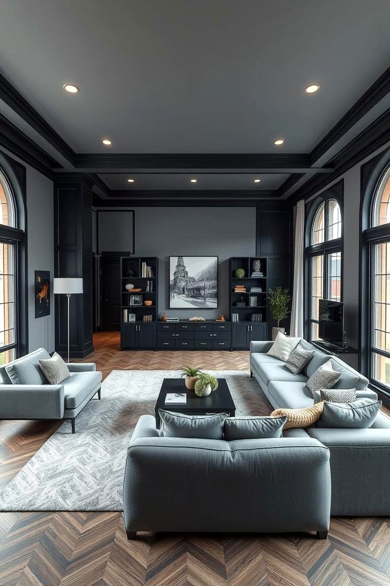Multi Functional Living Areas - 24 Living Room With Grey Walls and Black Trim