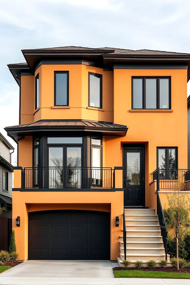 Multi Level Tan House with Dynamic Black Trim - 24 Tan House With Black Trim Design Ideas