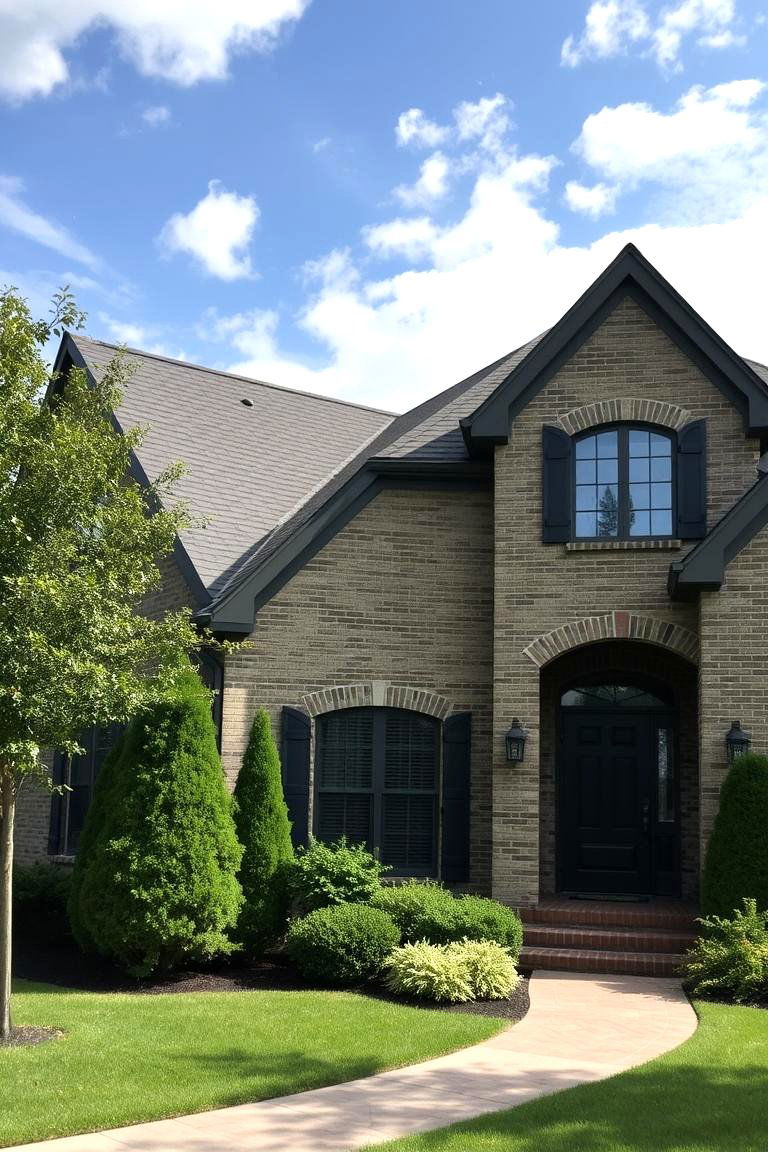 Multi Shaded Green Brick with Dark Trim - 24 Green Brick Exterior Home Ideas