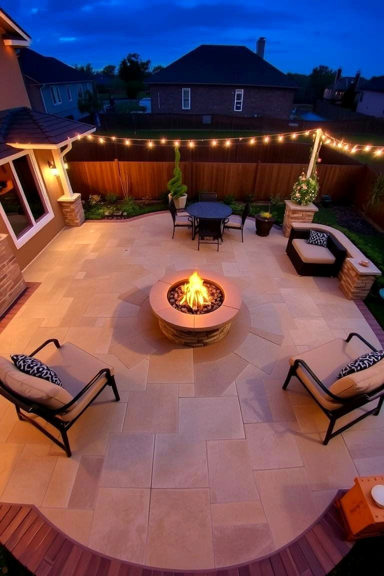 Multi Zone Patio Layout with Central Fire Pit - 24 stamped concrete patio with fire pit ideas
