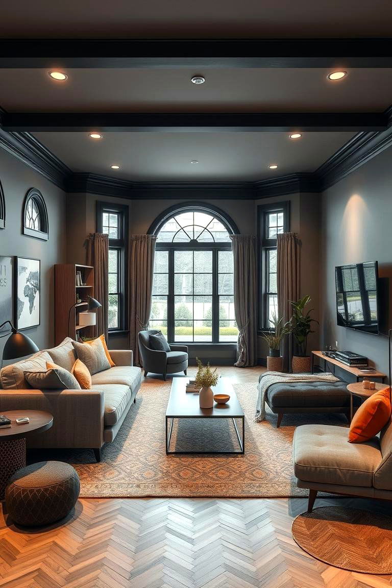 Multi functional Space Design - 24 living room grey walls black trim