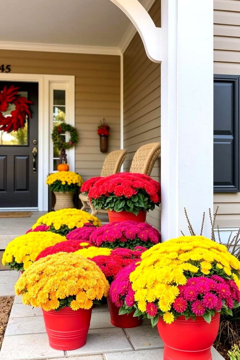 Mums in Colorful Pots - 24 fall outdoor decorating ideas