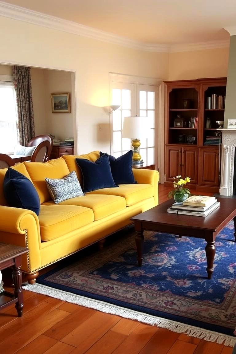 Mustard Yellow with Navy Accents - 24 Yellow Couch Living Room Ideas
