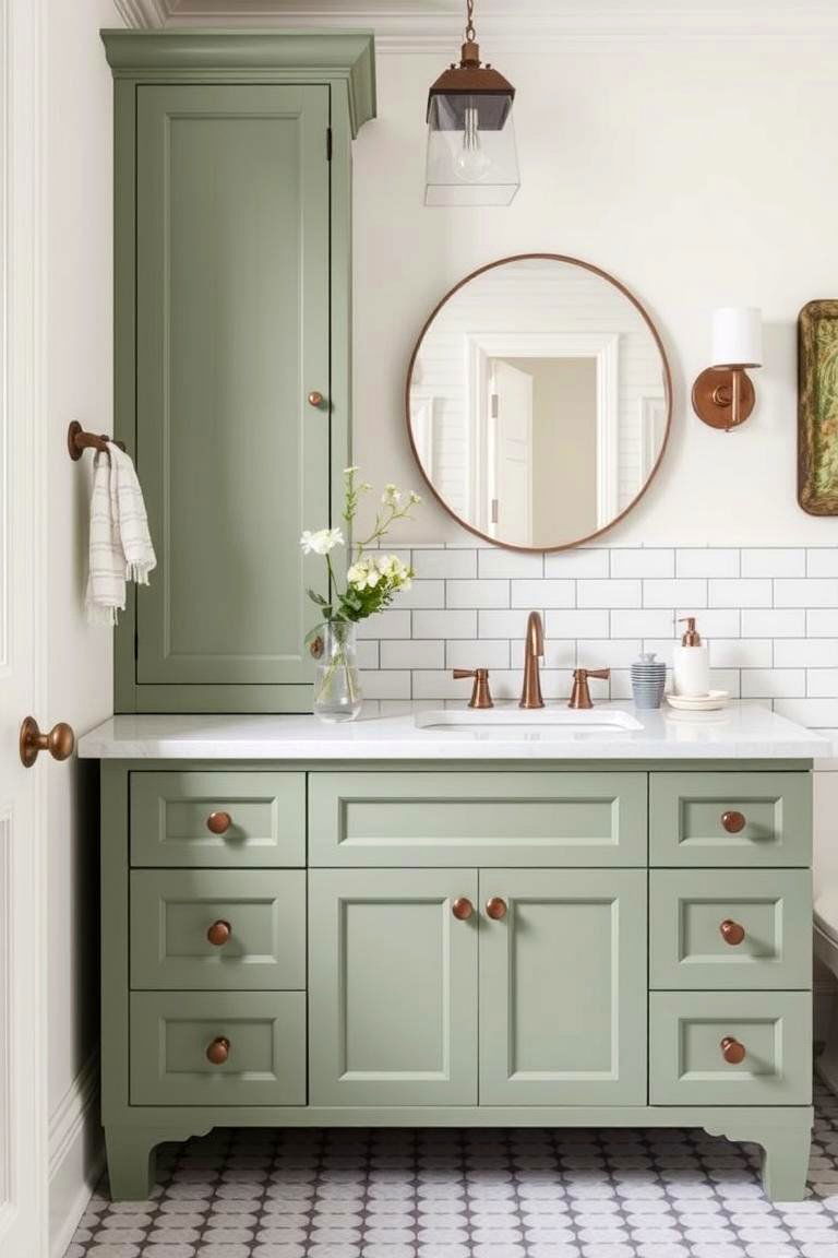 Muted Green Vanity with Subway Tile Backsplash - 24 Bathroom With Green Vanity