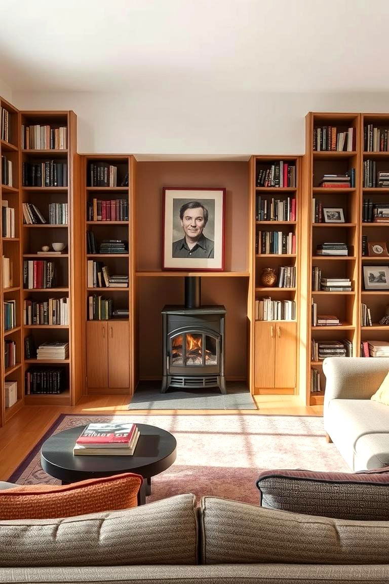 Narrow Bookshelves Around a Compact Fireplace - 24 Fireplace With Bookshelves