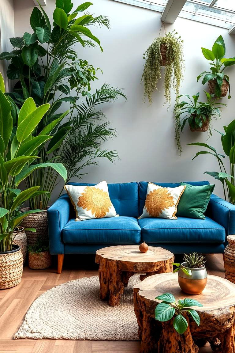 Natural Elements Blue Couch with Indoor Plants - 24 Blue Couch Living Room Ideas