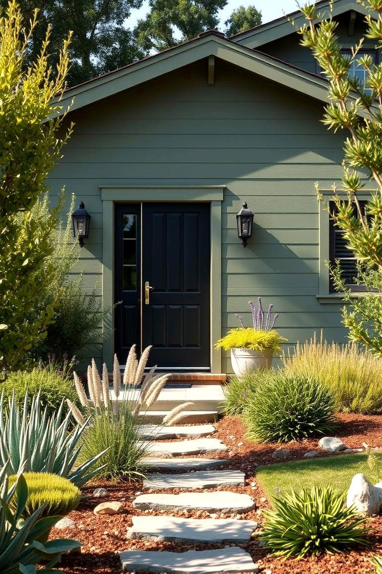 Natural Landscape Integration - 24 Sage Green House With Black Door