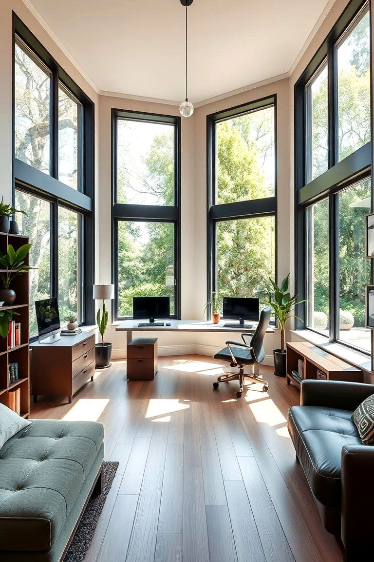 Natural Light Emphasis with Dark Green Accents - 24 Dark Green Home Office Ideas