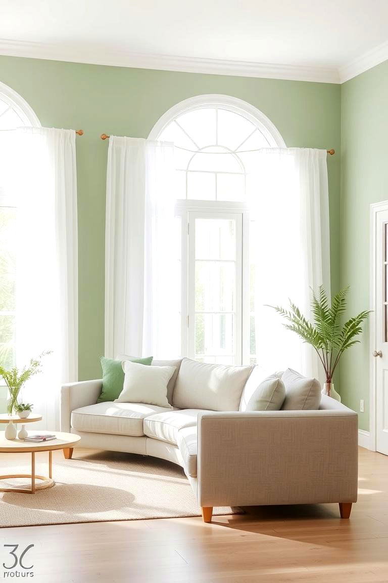 Natural Light Enhancing a Pale Green and Soft Grey Palette - 24 Green and Grey Living Room Ideas