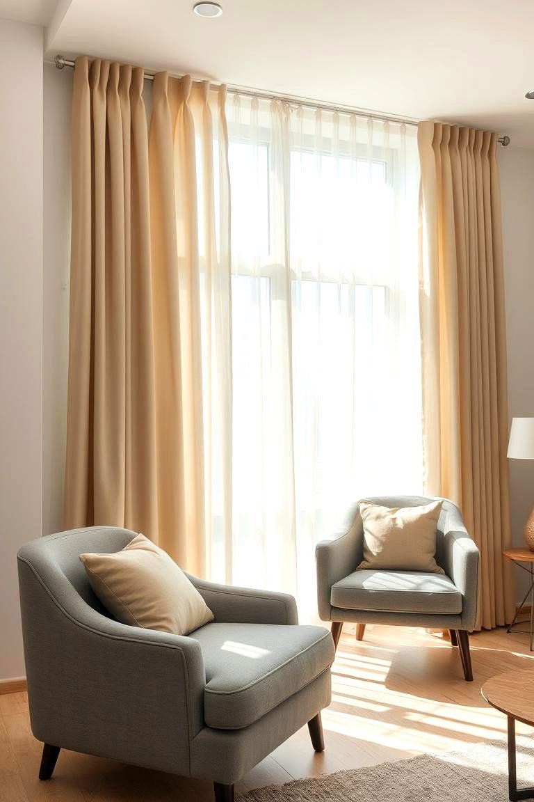 Natural Light Maximizer Sheer Beige Curtains in a Grey Room - 24 Grey and Beige Living Room Ideas