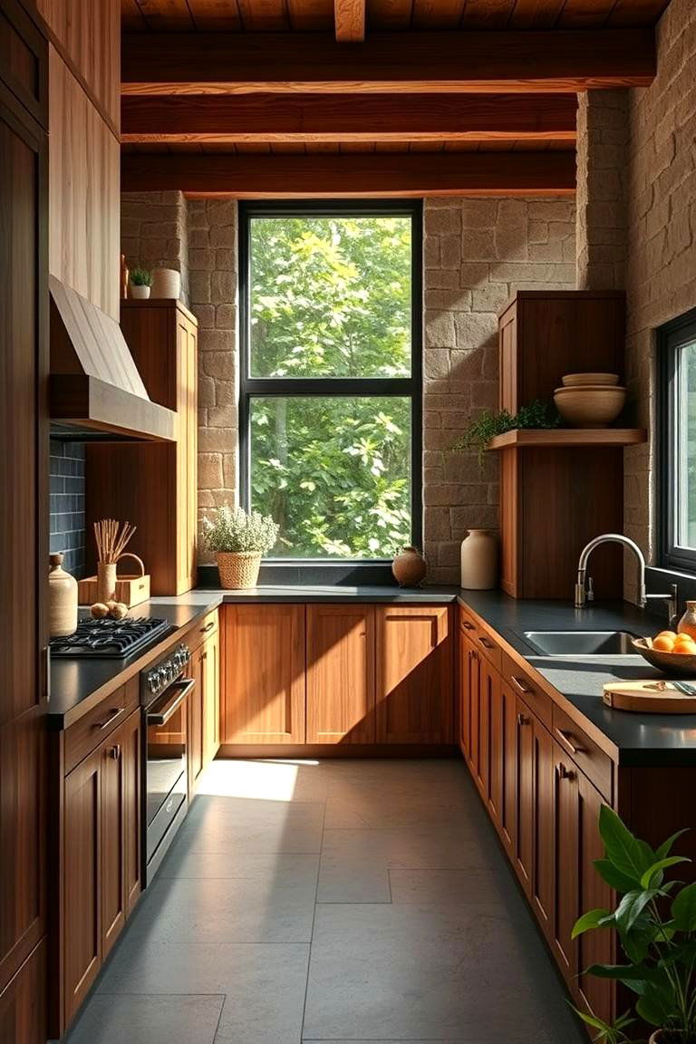 Natural Materials for Lasting Beauty - 24 Brown Kitchen Cabinets With Black Countertops