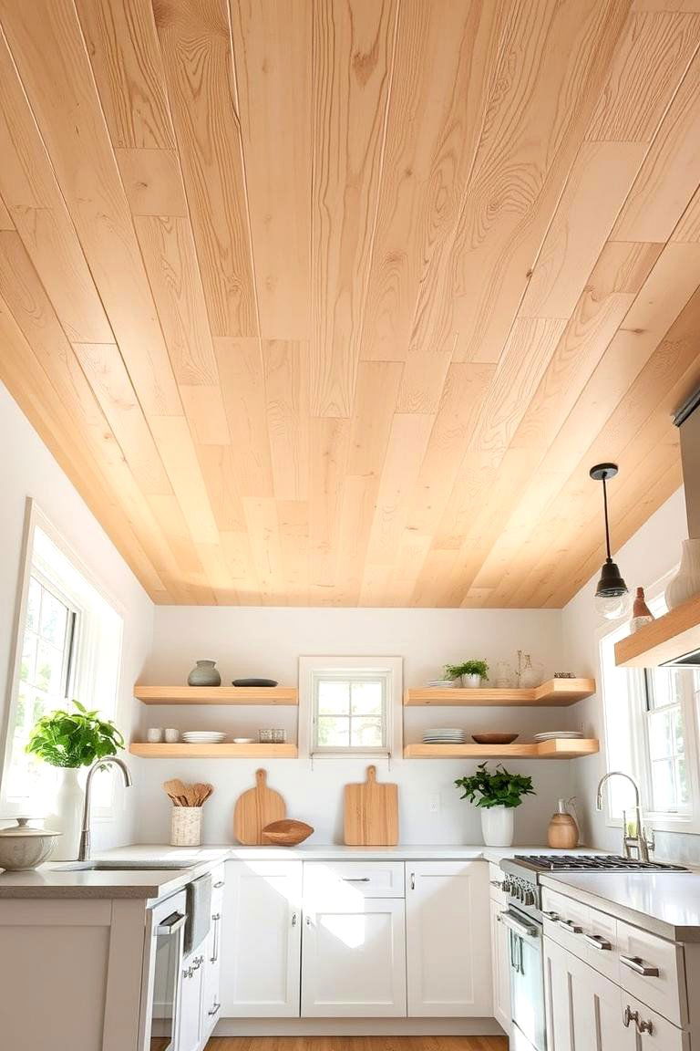 Natural Pine Planks - 24 Wood Ceiling Kitchen Ideas