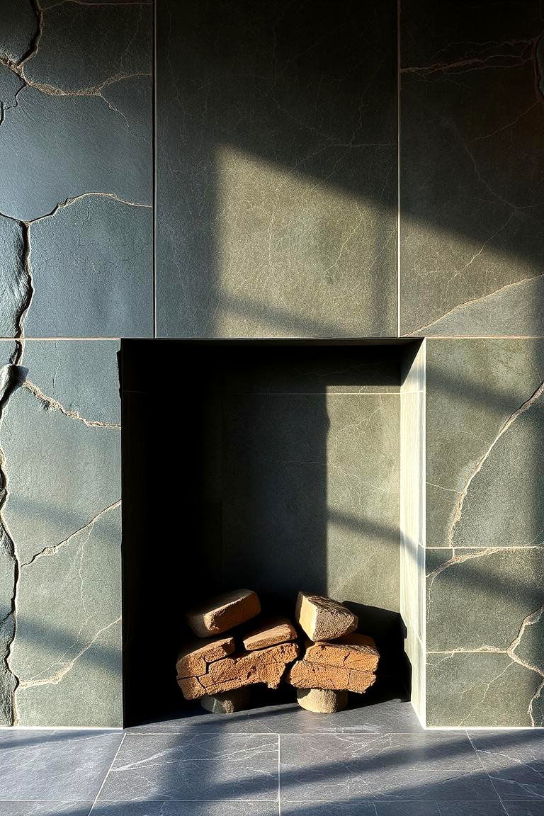 Natural Slate Fireplace with Green Veins - 24 Green Fireplace Ideas