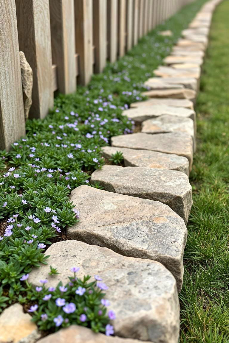 Natural Stone Edging with Groundcover - 24 Simple Fence Line Landscaping Ideas