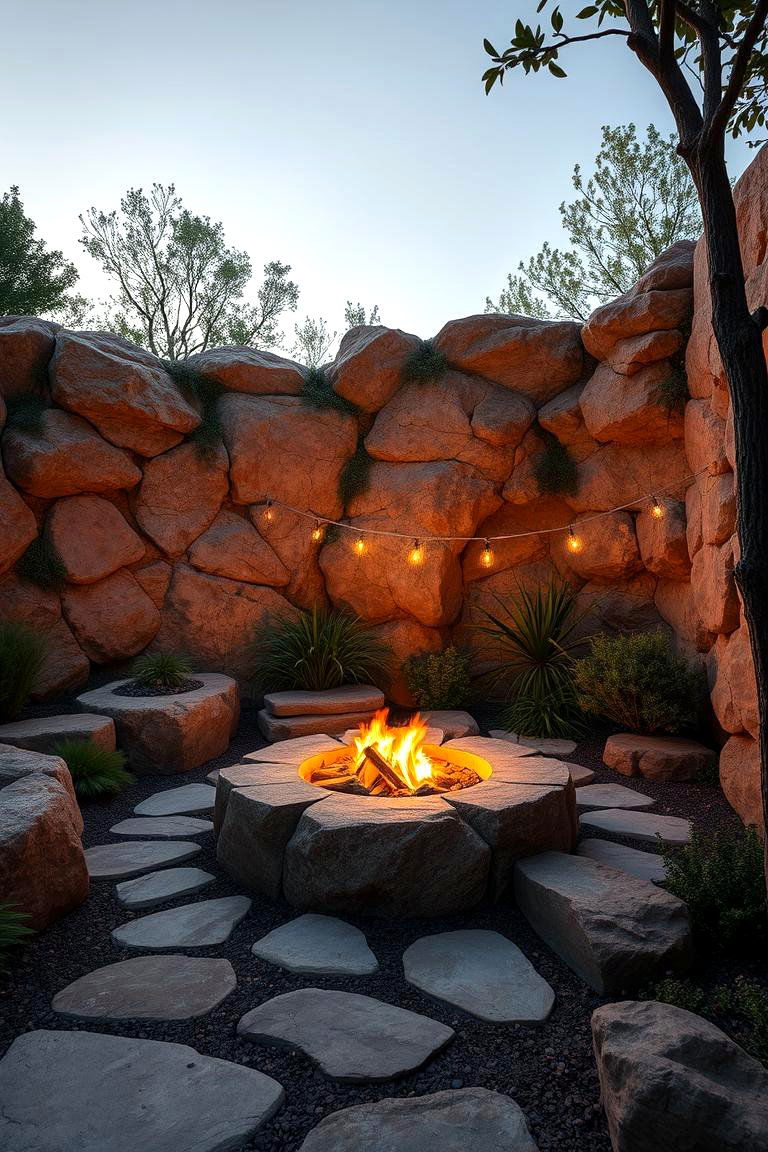 Natural Stone Oasis with Integrated Fire Feature - 24 Stone Patio With a Fire Pit Ideas