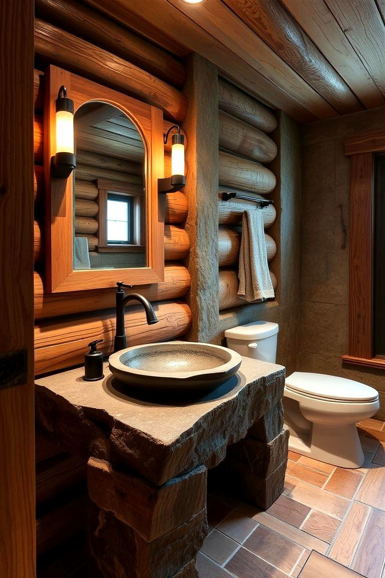Natural Stone Sink and Rustic Charm - 24 Log Cabin Bathroom Ideas
