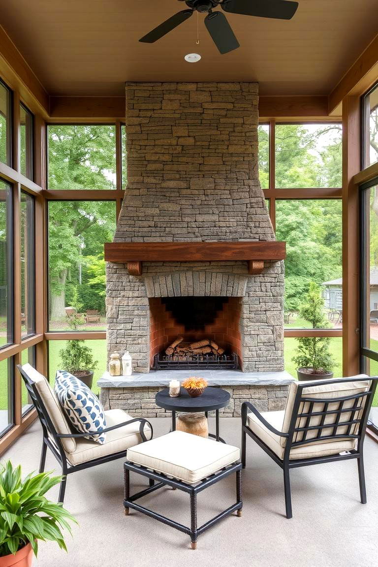 Natural Stone Veneer Fireplace for Lightweight Option - 24 Screened-in Porch With Fireplace Ideas