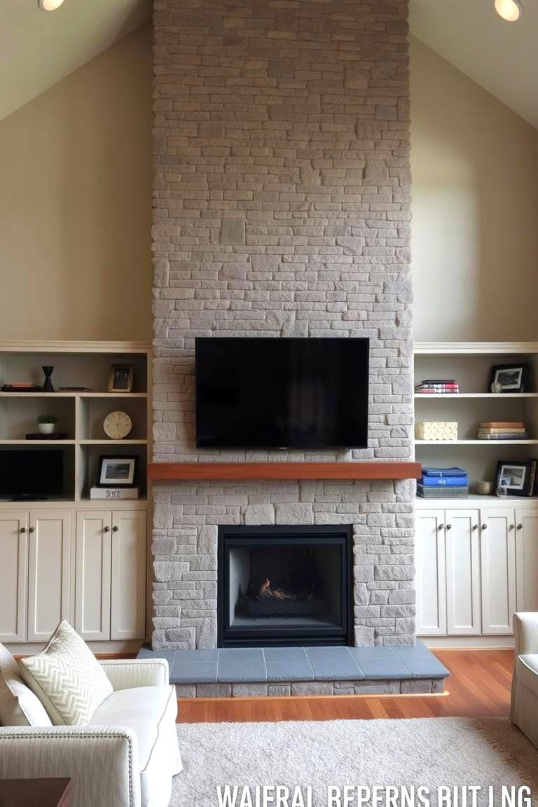 Natural Stone with Built In Shelving - 24 Floor-to-Ceiling Stone Fireplace Ideas