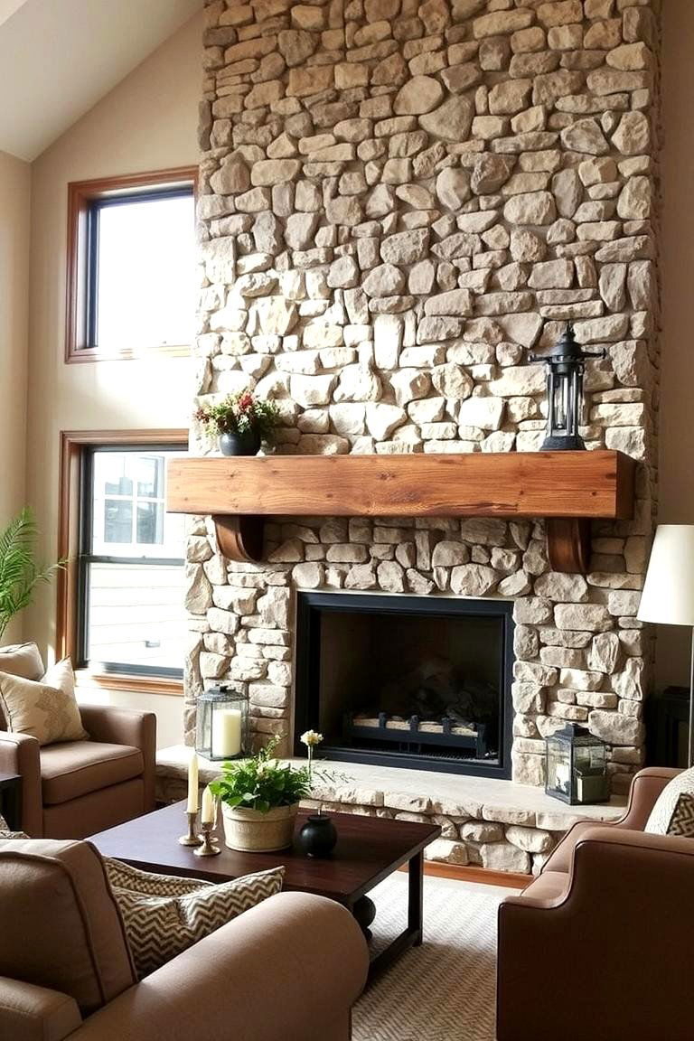 Natural Stone with Wood Accents - 24 Floor-to-Ceiling Stone Fireplace Ideas