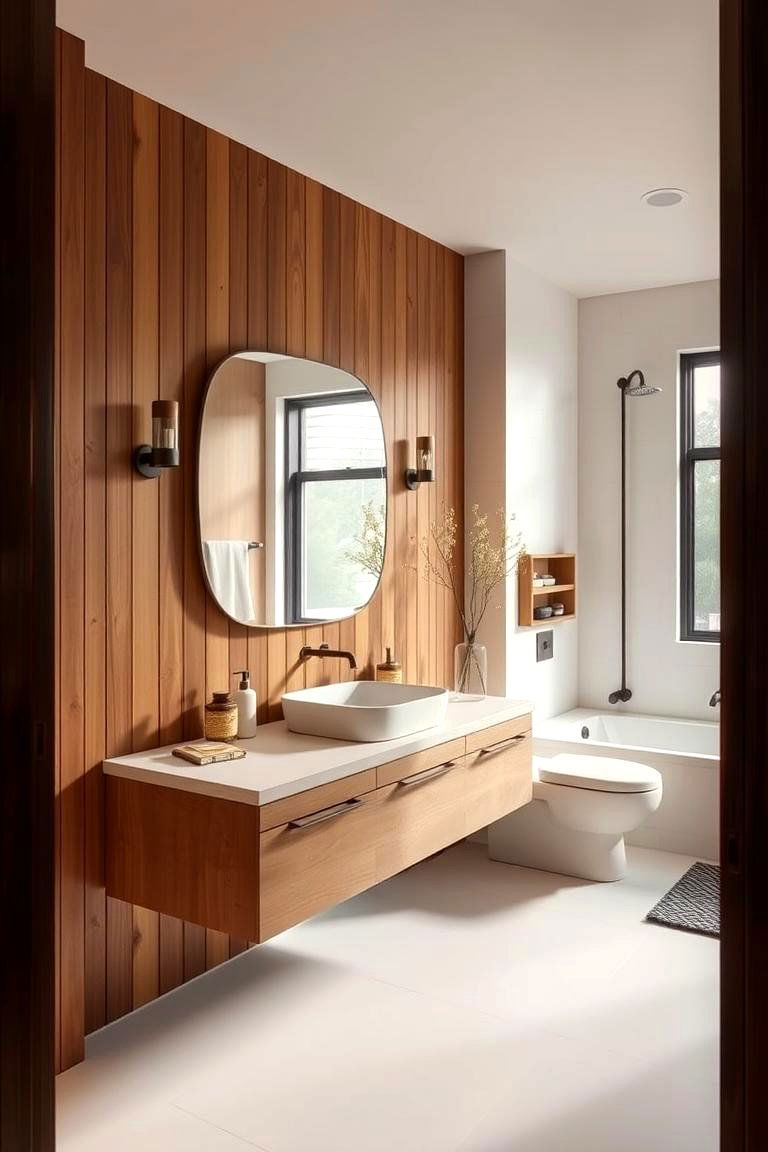 Natural Wood Accents - 24 Mid-century Modern Bathroom Ideas
