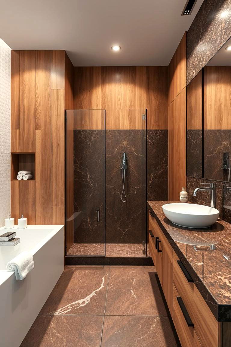 Natural Wood Accents with Granite - 24 Brown Granite Bathroom Ideas