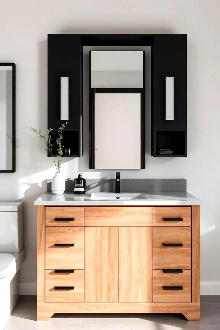 Natural Wood Look Vanity with Black Accents - 24 Black and Wood Bathroom Ideas