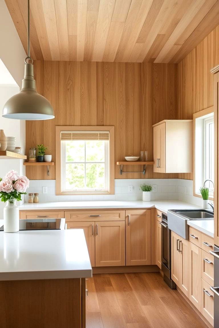 Natural Wood Paneling Illusion - 24 Kitchen Wallpaper Ideas