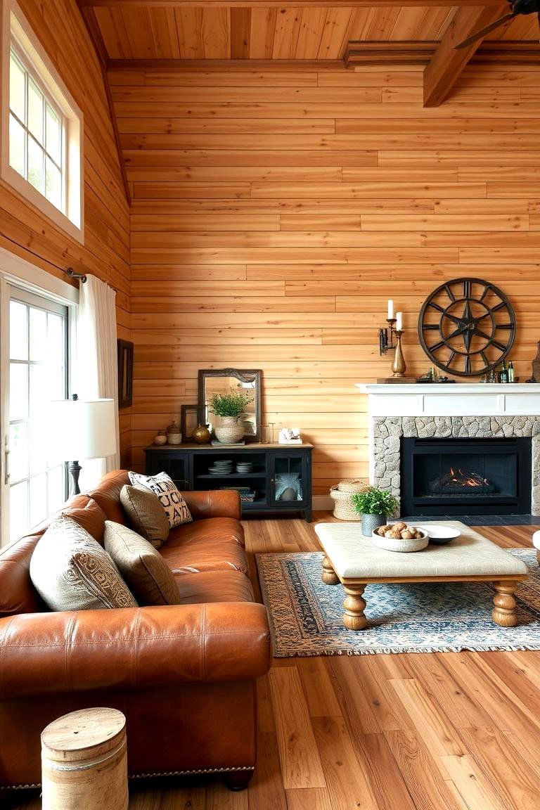 Natural Wood Shiplap for Rustic Warmth - 24 Shiplap Living Room Ideas