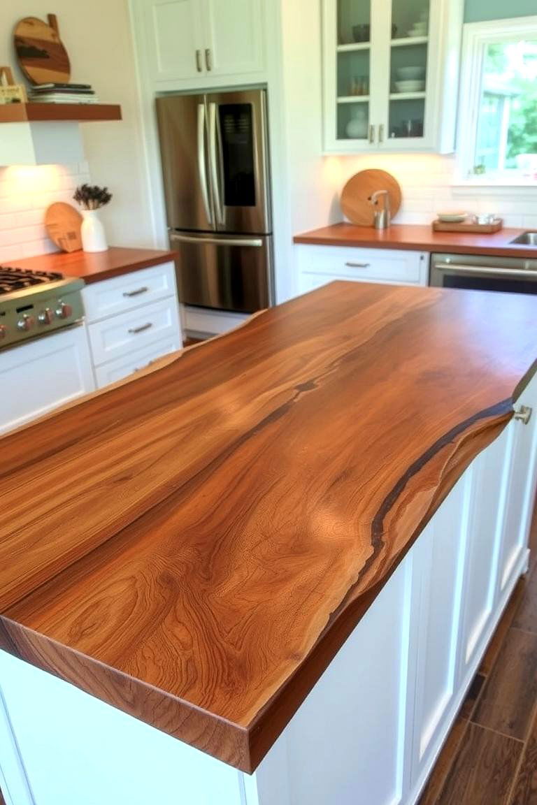 Natural Wood Slab Countertop with Live Edge - 24 Rustic Kitchen Island Ideas
