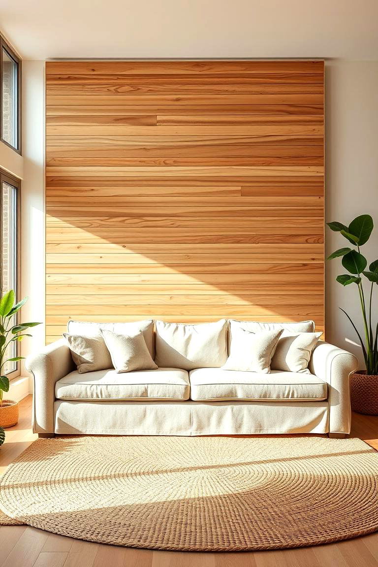 Natural Wood Statement Wall - 24 Organic Modern Living Room Design Ideas