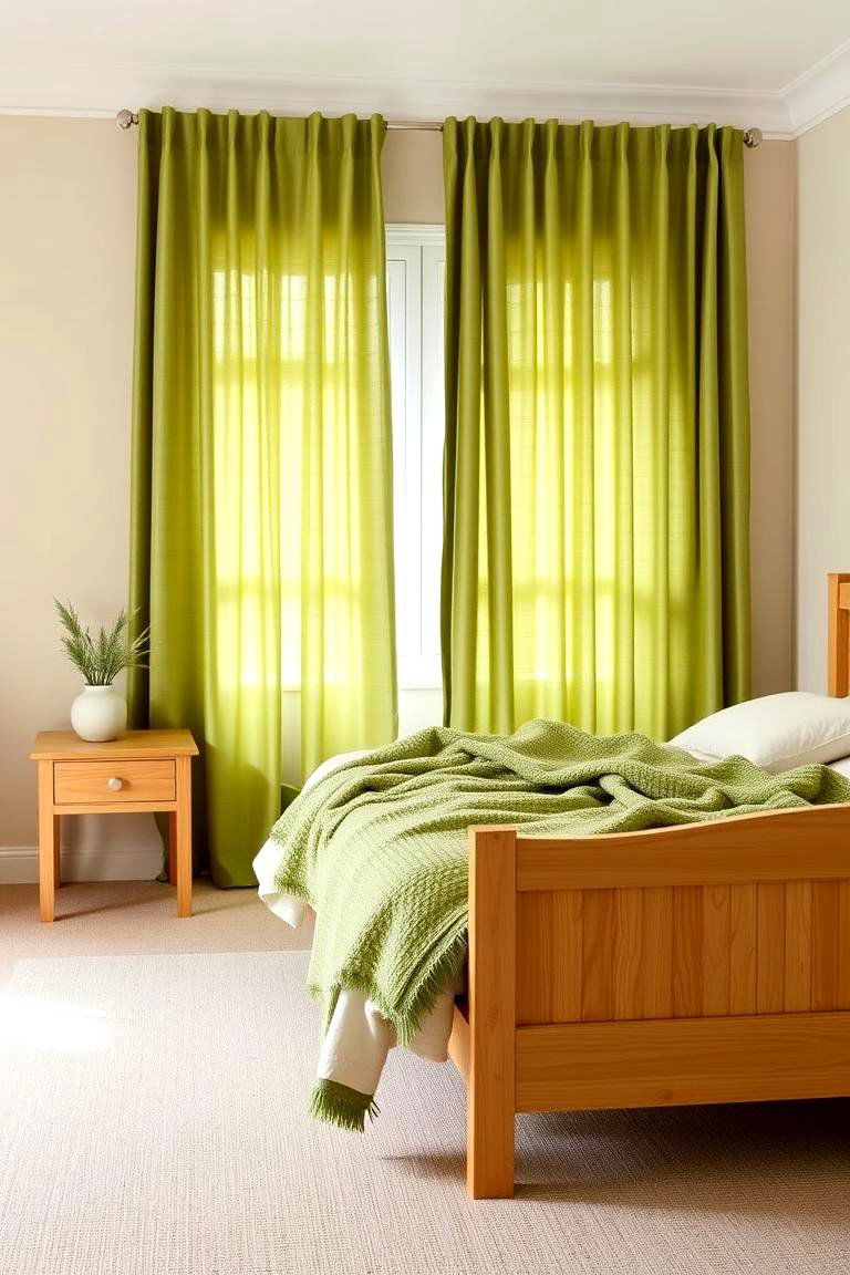 Natural Wood Tones with Green Textiles - 24 Green and Beige Bedroom Ideas