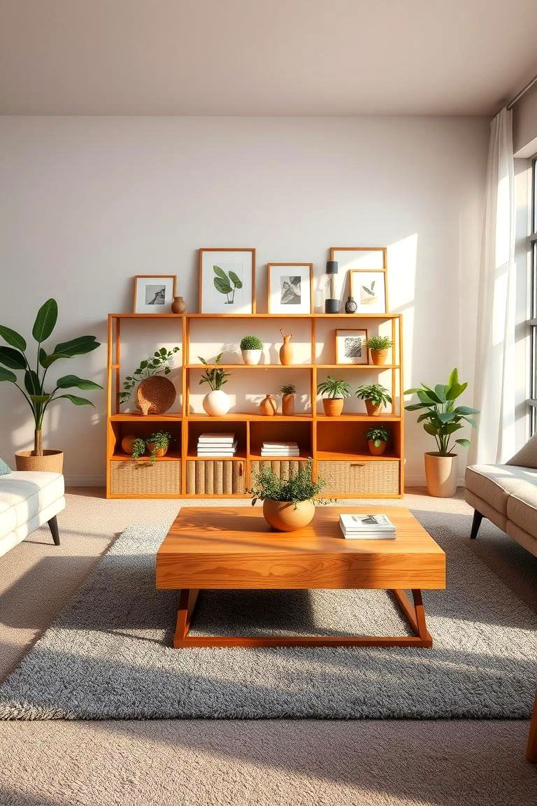 Natural Wood Tones with Grey Flooring - 24 grey carpet living room ideas