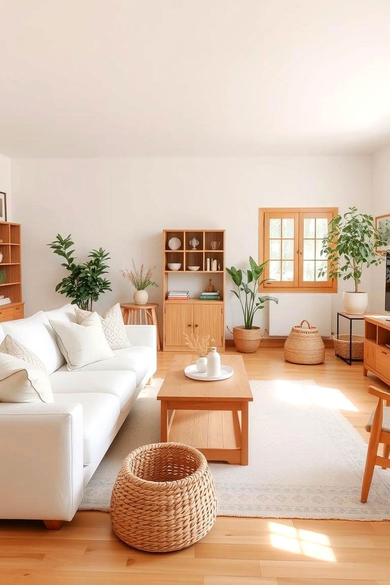 Natural Wood and White Monochromatic Living Room - 24 Monochromatic Living Room Ideas