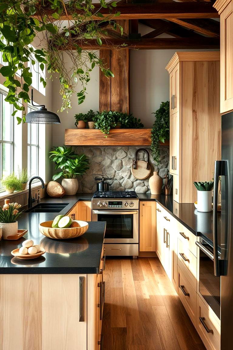 Nature Infused Kitchen Oasis - 24 kitchen with dark countertops and light cabinets