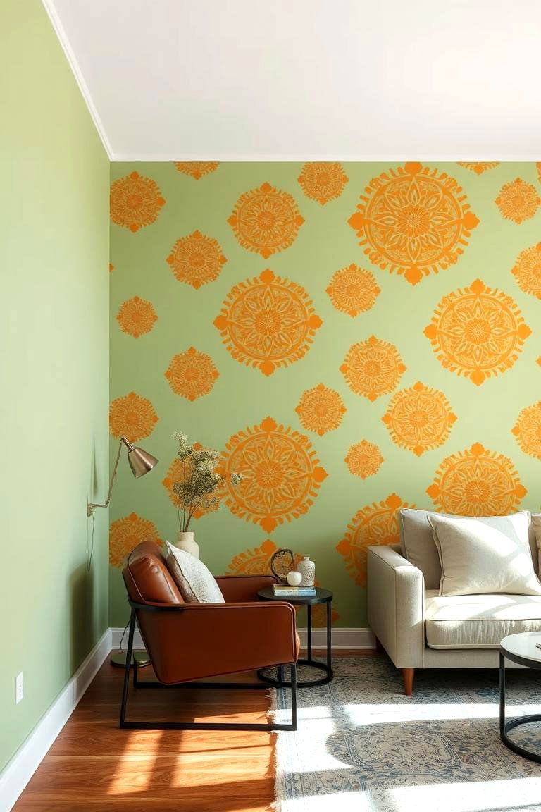 Nature Inspired Accent Wall - 24 Green and Orange Living Room Ideas