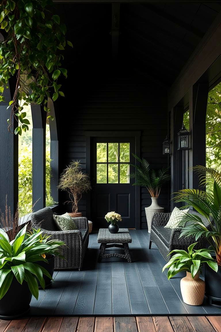 Nature Inspired Black Retreat Porch - 24 Black Porch Ideas
