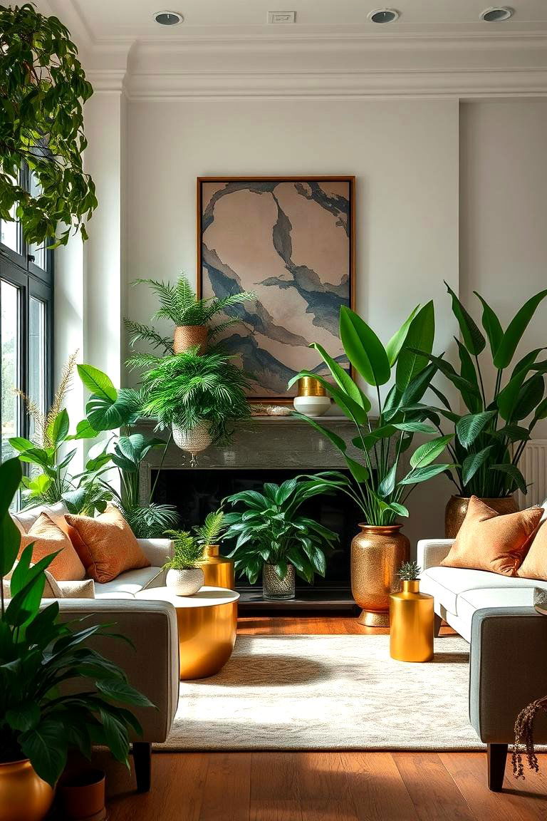 Nature Inspired Decor with Indoor Foliage and Gold Vases - 24 Green and Gold Living Room Ideas