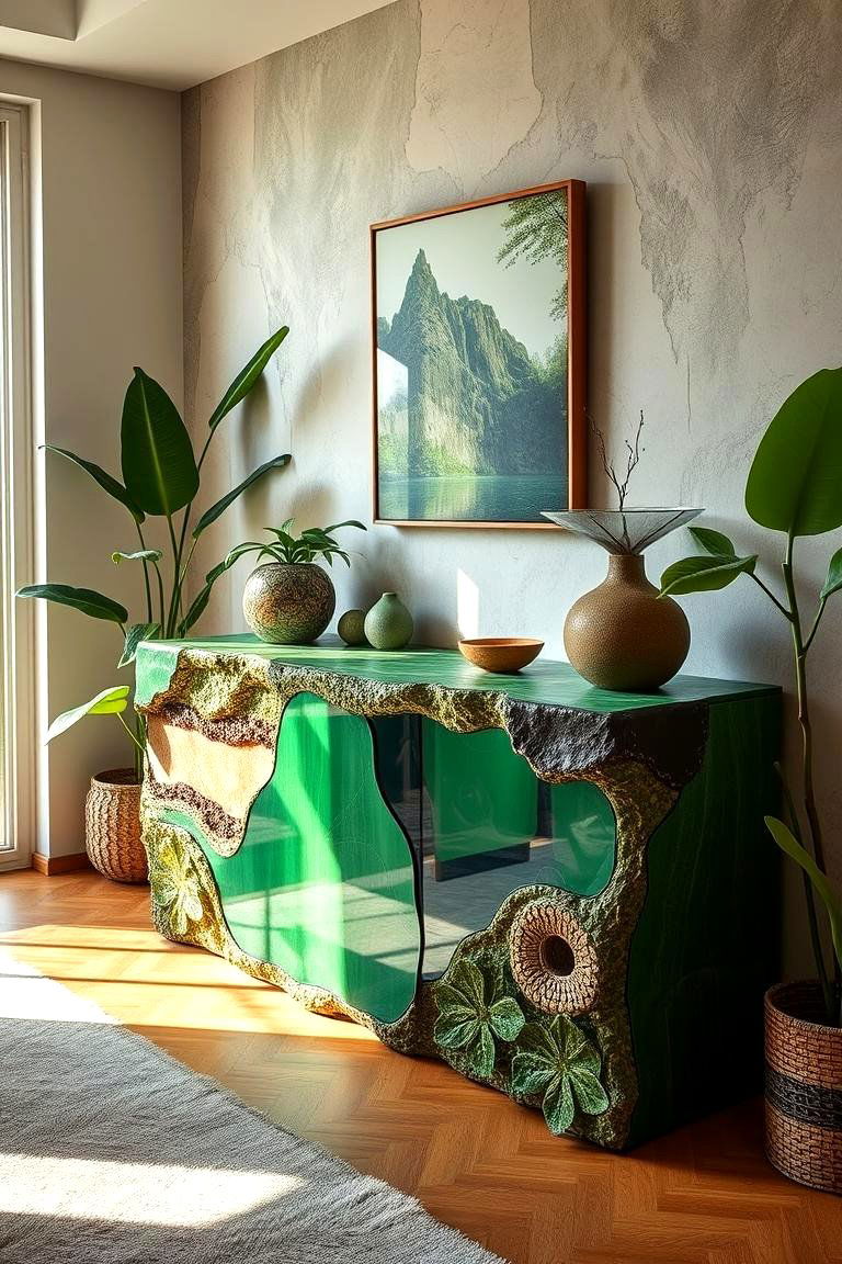 Nature Inspired Green Console - 24 Tv Console Decor Ideas