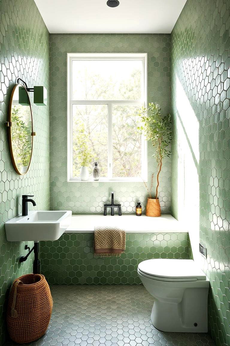 Nature Inspired Green Hexagons - 24 Hexagon Tiles Ideas for Bathrooms