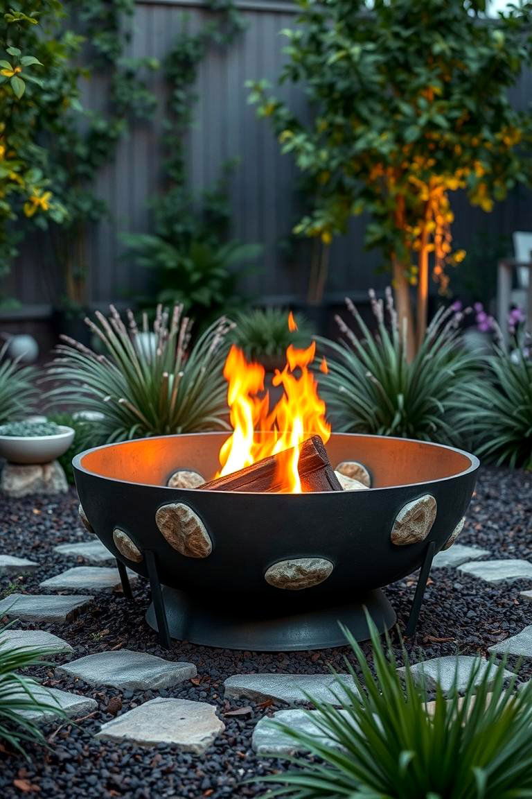 Nature Inspired Metal Fire Pit with Stone Accents - 24 Metal Fire Pit Ideas