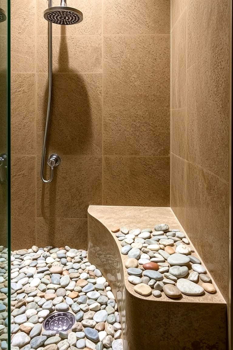 Nature Inspired Pebble Bench - 24 Walk in Shower Ideas With Bench