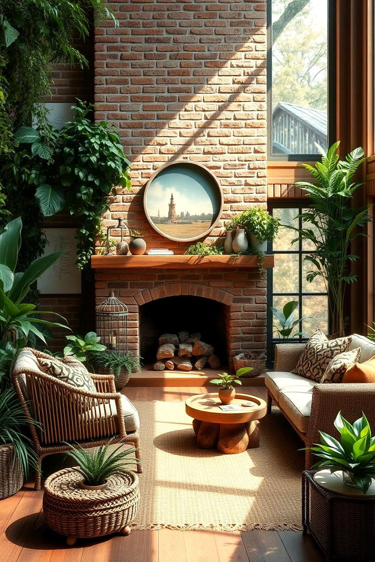 Nature Inspired Sanctuary with Lush Greenery - 24 Rustic Living Room With a Brick Fireplace Ideas