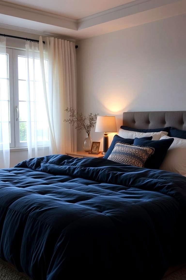 Navy Bedding and Cozy Textures - 24 Dark Blue Bedroom Ideas