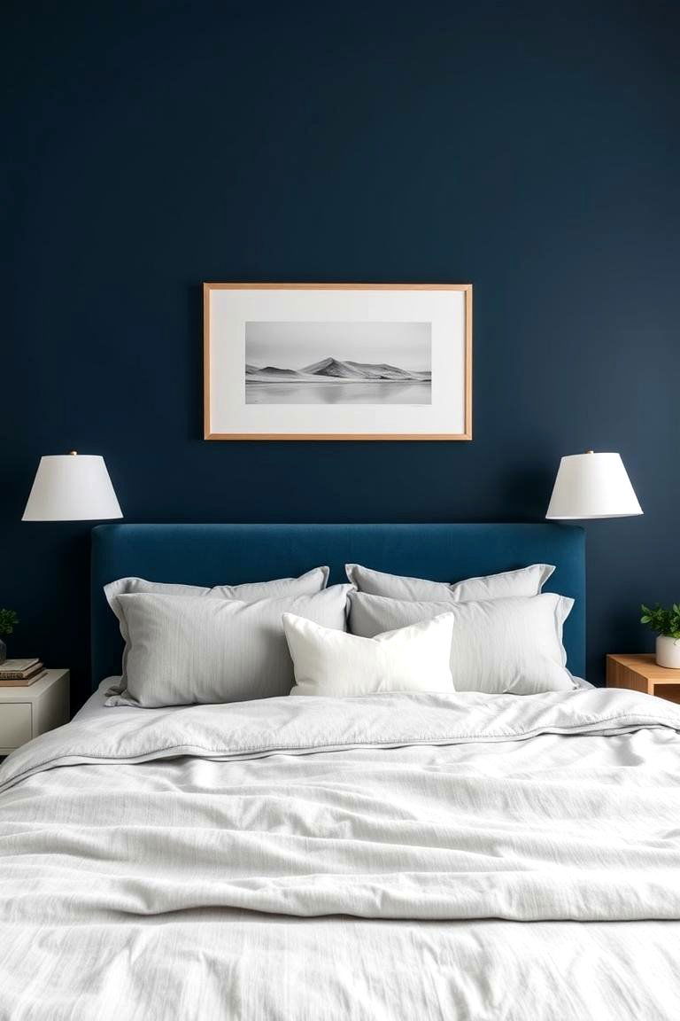 Navy Blue Accent Wall with Grey Bedding - 24 Navy Blue and Grey Bedroom Ideas