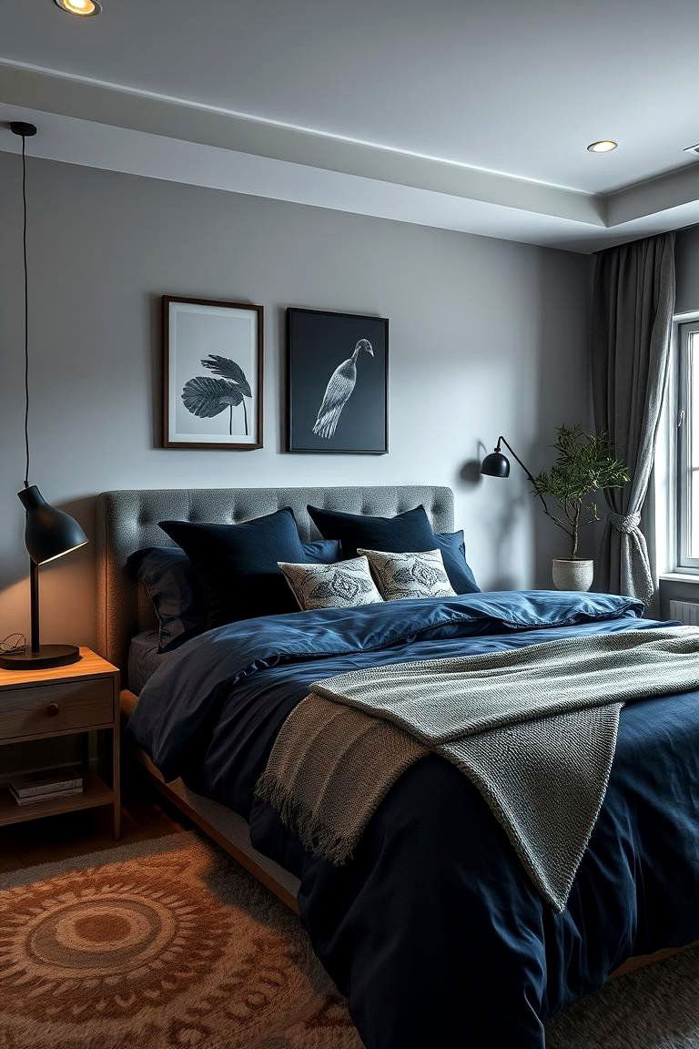 Navy Blue Bedding and Contrasting Black Accents - 24 Black and Blue Bedroom Ideas