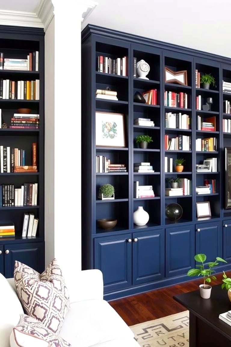 Navy Blue Bookshelves - 24 Navy Blue Living Room Ideas