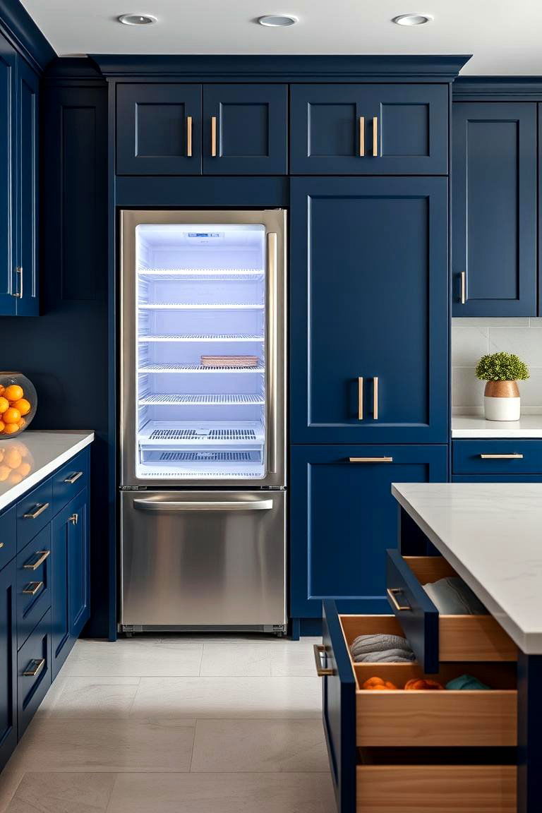 Navy Blue Cabinets with Integrated Appliances - 24 Navy Blue Kitchen Cabinets Ideas