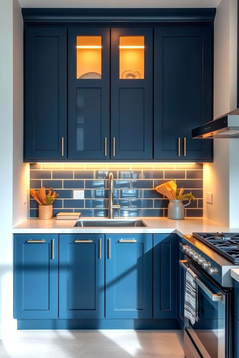 Navy Blue Cabinets with Under Cabinet Lighting - 24 Navy Blue Kitchen Cabinets Ideas
