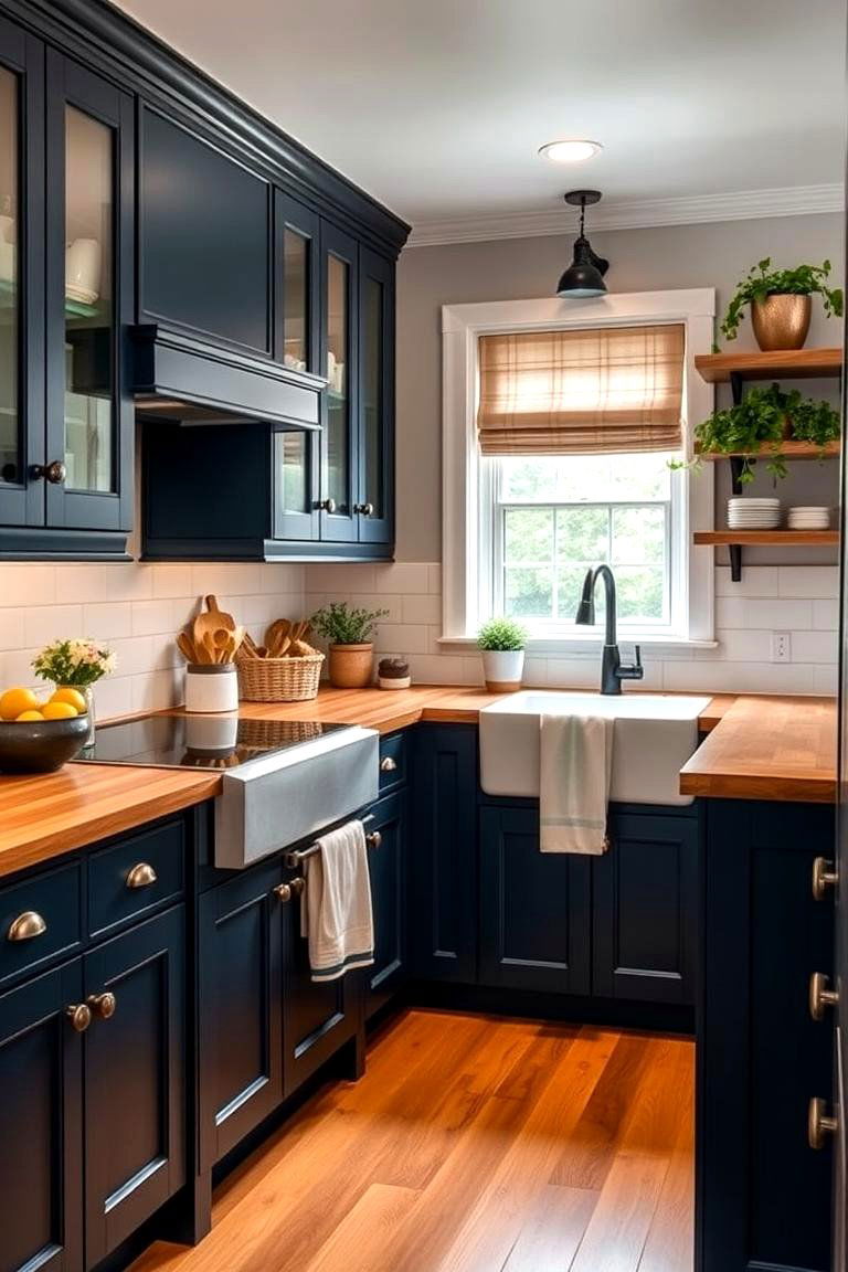 Navy Blue Cabinets with a Butcher Block Countertop - 24 Navy Blue Kitchen Cabinets Ideas