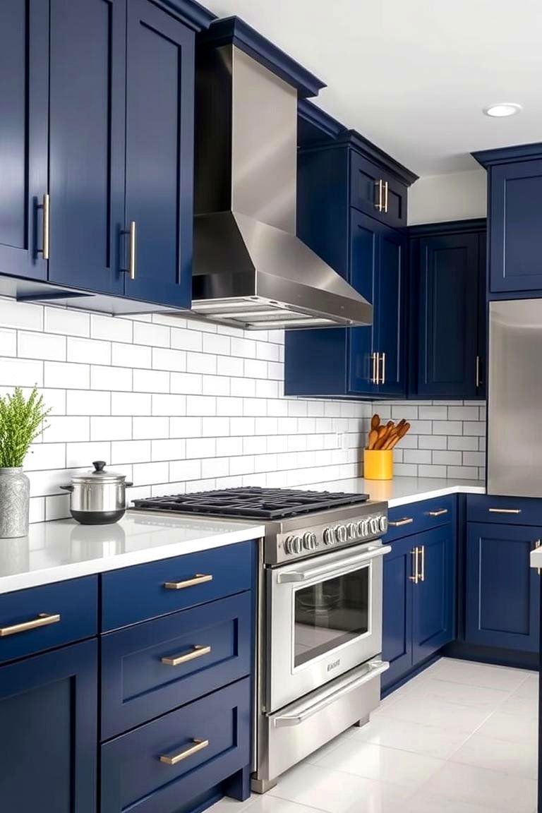 Navy Blue Cabinets with a Contrasting Backsplash - 24 Navy Blue Kitchen Cabinets Ideas
